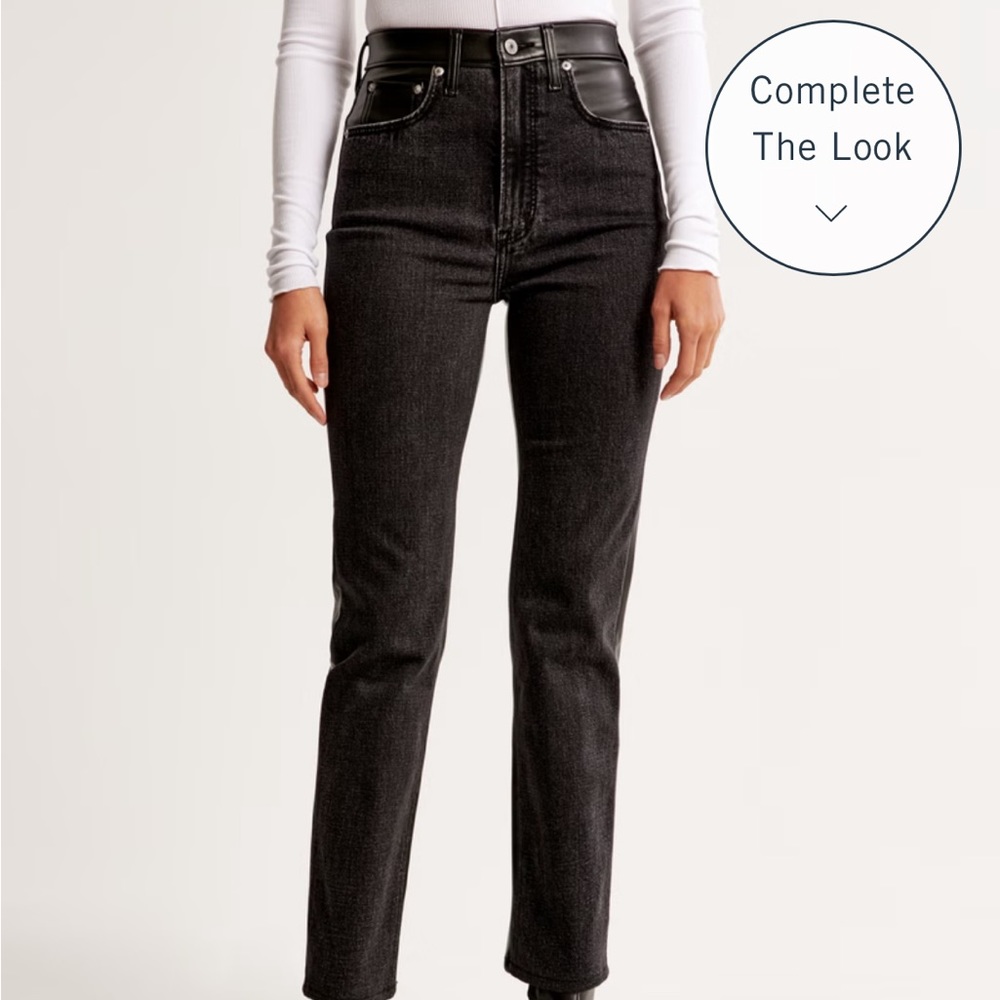 Abercrombie Mixed Fabric Ultra High Rise Ankle Straight Jean-Black With Leather